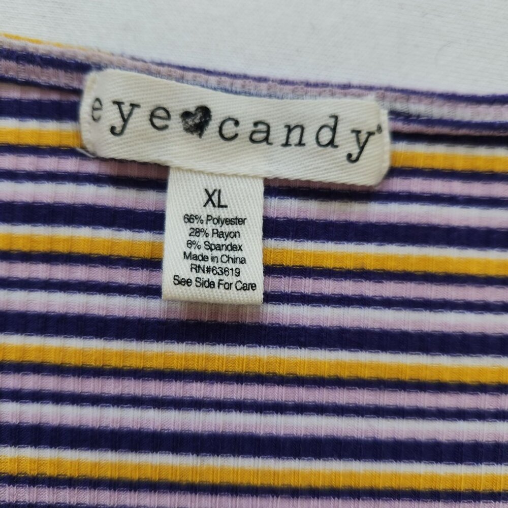 Eye Candy Striped Knot Front Short Sleeve Top Purple Yellow Summer - Picture 4 of 6